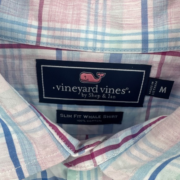 Vineyard Vines Whale Shirt Mens M Medium Blue Pink Plaid Button Down Slim Fit - Picture 4 of 8